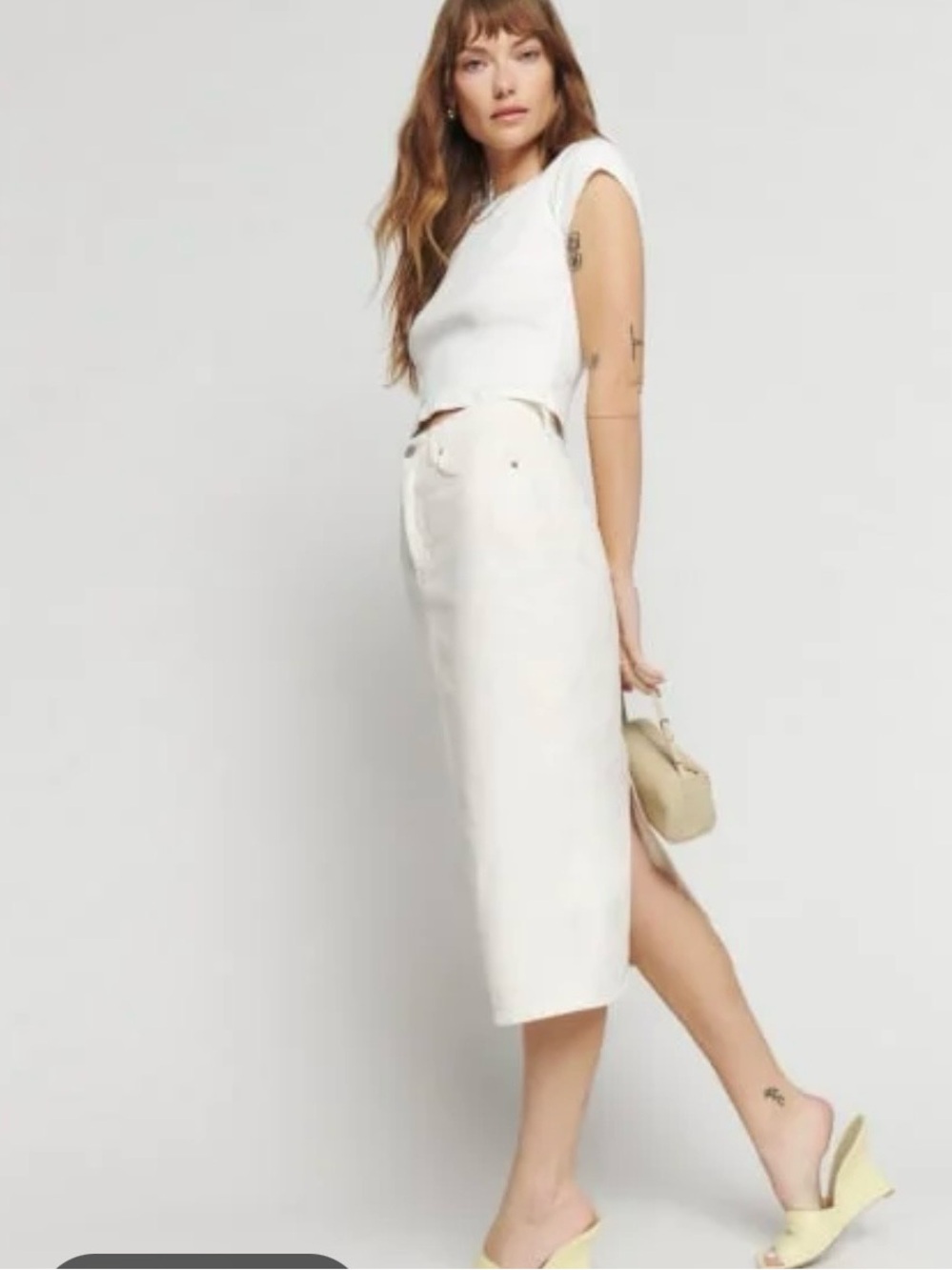 Reformation Jayde High Rise White Denim Midi Pencil Skirt SZ 25 EUC